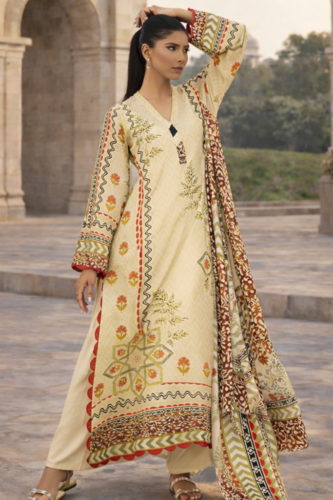 Cream & Red Printed 3pc Cord Set | MKL02