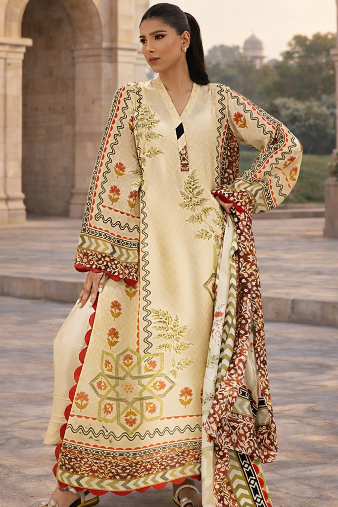 Cream & Red Printed 3pc Cord Set | MKL02