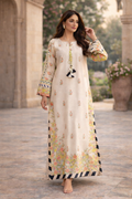 Cream Floral Kaftaan Dress Stitched 1PC | MKL04