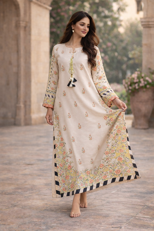 Cream Floral Kaftaan Dress Stitched 1PC | MKL04