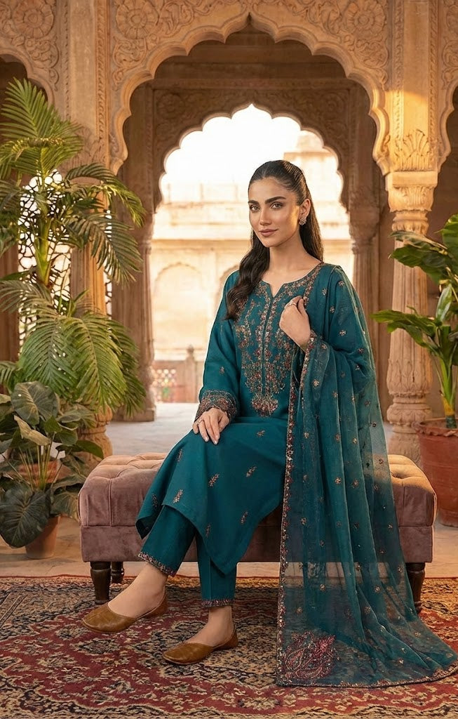 Teal Charm - Khaddar 3PC Stitched l ML011