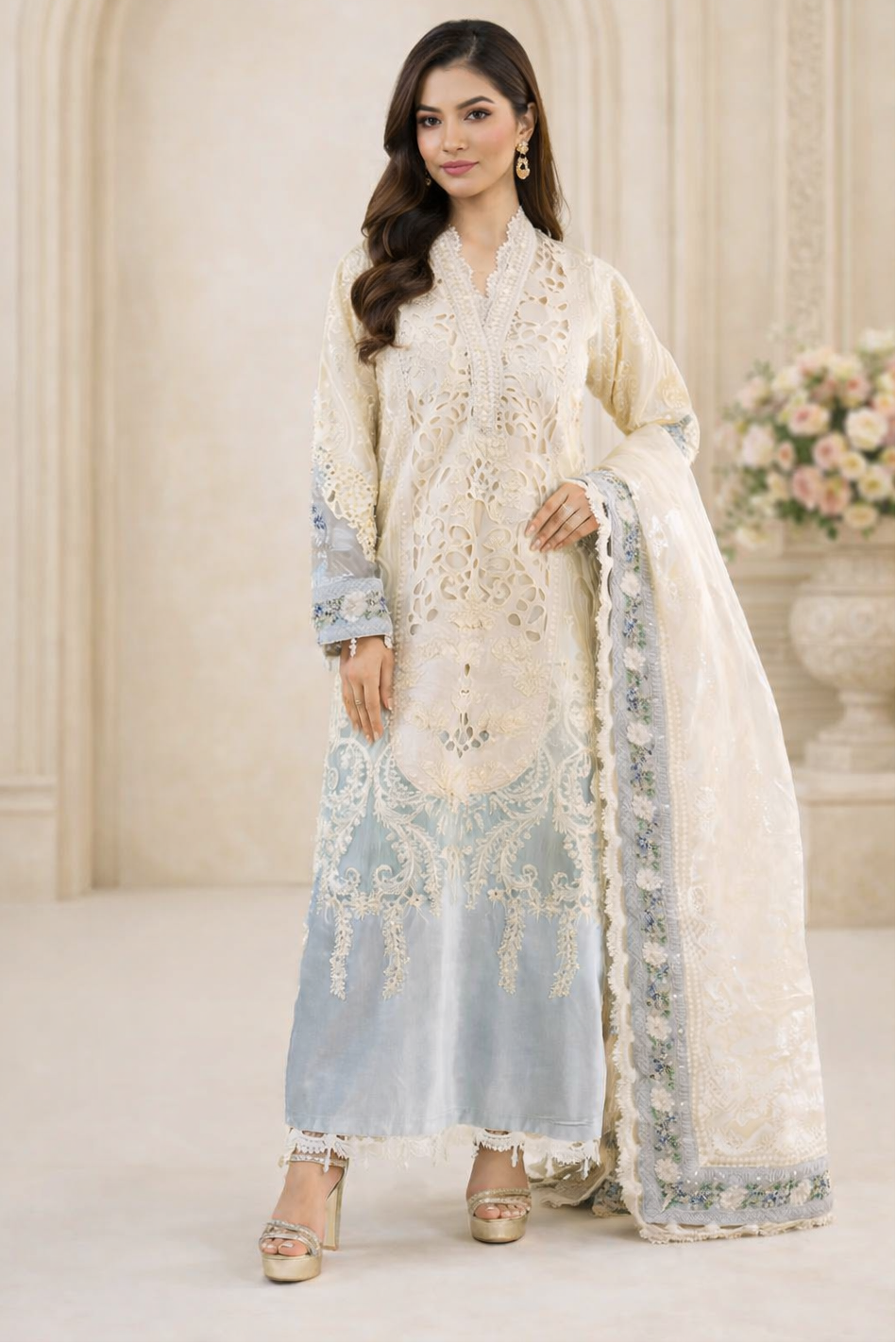 Ivory Celeste Lace – Luxury Stitched Embroidered 3PC l ML030