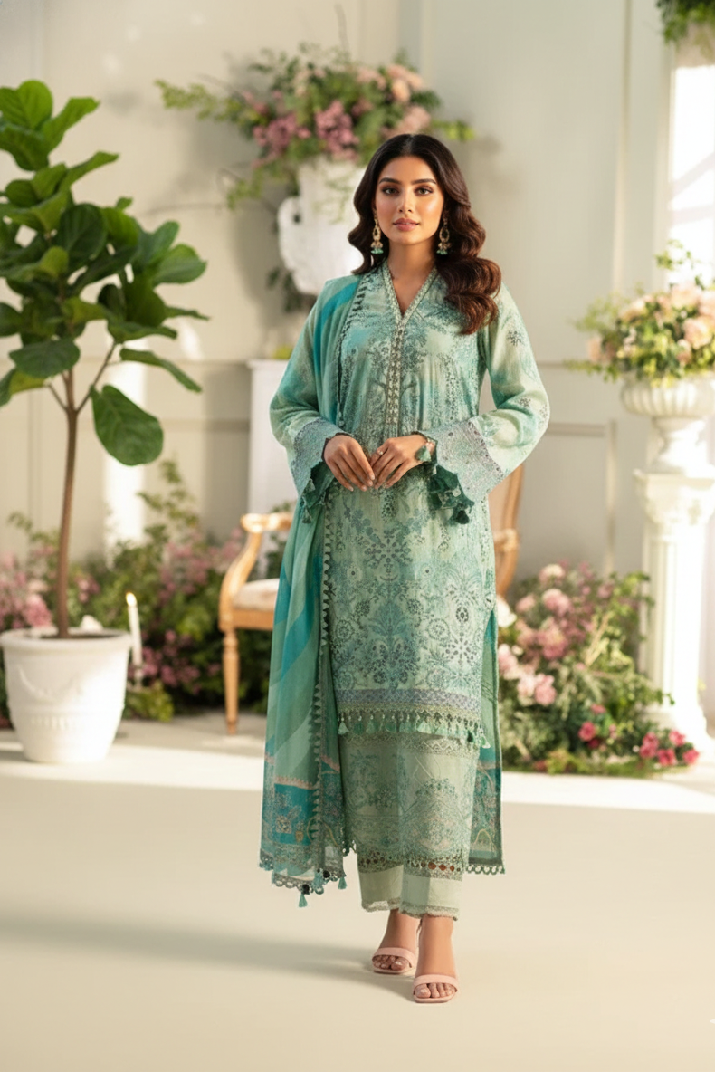 Aqua & Mint Floral – Luxury Lawn 3PC | ML028