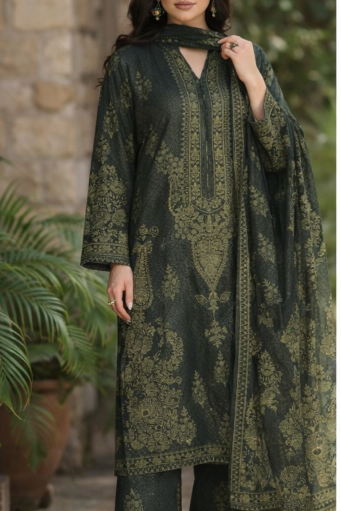 Regal Olive - Raw Silk 3PC Stitched l MM001