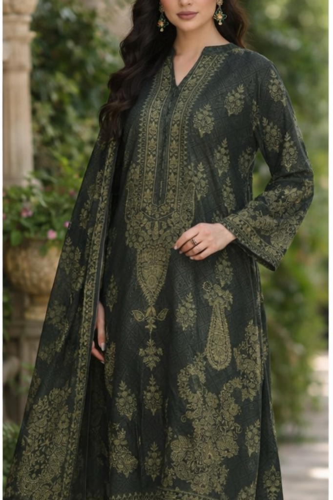 Regal Olive - Raw Silk 3PC Stitched l MM001