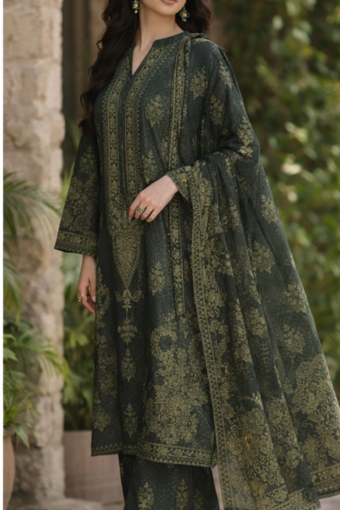 Regal Olive - Raw Silk 3PC Stitched l MM001